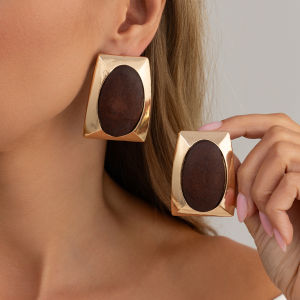 Ingemark Trendy Creative Ellipse Wood Patch Stud Earrings Women Personality Geometry Metal Piercing Earrings 2026 New Jewelry
