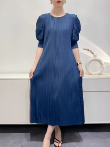 KESHANGYI Miyake Pleated Dress Summer New Round Neck Loose and Comfortable A-line Short Sleeve Maix Dress