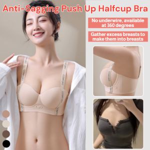 Push Up Halfcup Bra without Steel Ring for Large Breasts Seamless Anti-Sagging Underwear Letter Straps Non-Marking Lingerie