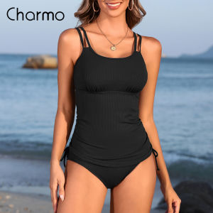 Charmo Two Piece Tankini Swimsuits for Women Ribbed Drawstring Tankini Top with Bottom Tummy Control Bathing Suit