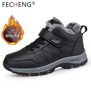 FECHENG Waterproof Winter Men Boots Original Leather Warm Snow Women Boots Men Work Casual Shoes High-top Non-slip Ankle Boots