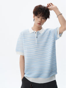 OULUDE | Vintage Style Contrast Color Hollow Knit Polo Shirt