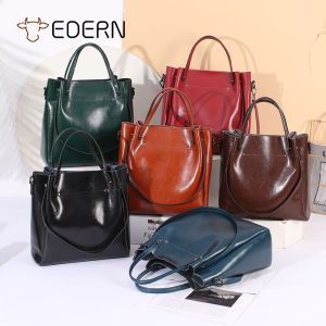 EDERN Large Capacity Oil Wax Leather Shoulder Bag for Women Genuine Cowhide Crossbody Bag Fashion Versatile Handbag Ladies Tote Bag Bucket Bag