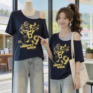 AIYITI | Sloped Shoulder Fake Two-Piece Loose T-Shirt For Plus Size