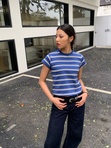 GoGo Burn Color Block Stripe round Neck Short Sleeve T Shirt Womens Summer New American Hot Girl Shoulder Level Top Street Style Slim Fit