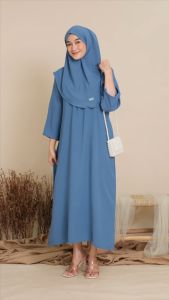 Arya Dress Set Hijab - One Set Gamis Bergo Crinkle Airflow Premium Set Abaya Bergo Lengan Panjang Kancing Busui Baju Muslim Kekinian LD 110 cm