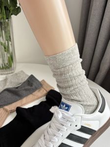 Fashionable All-Match Gray Vertical Pattern Bunching Socks Womens Summer Thin Simple and Laid-Back Pure Cotton White Tube Socks Boneless
