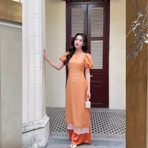 Áo dài cách tân nữ tết 2025 tay bồng màu cam đất 4 tà may sẵn tơ đũi sang trọng đính hoa kết ngọc cao cấp