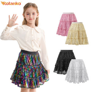 Rolanko สาวๆปักเลื่อมกระโปรงเอวยางยืดกระโปรงมีจีบระยิบระยับสำหรับ6-12Years ปาร์ตี้แฟชั่น