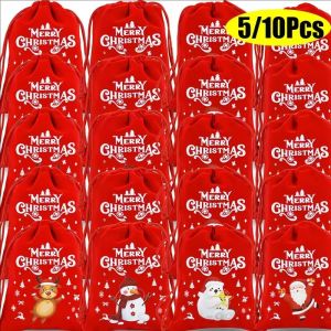 10pcs Christmas Velvet Drawstring Bags / Red Velvet Drawstring Pouch / Xmas Candy Cookie Snack Packing Bags / Christmas New Year Gift Bags