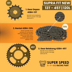 Gear Set Supra Fit New | Supra X125 | Karisma | Revo Lama Beban Berat Tanajakan Paket Lengkap Gir Depan 13T Belakang 45T Panjang 120L Rantai 428H High Tension