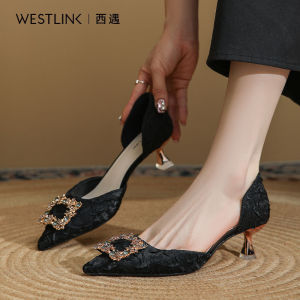 Narrow Heel Pointed Toe French Style Crystal Embellished Square Buckle Womens Shoes