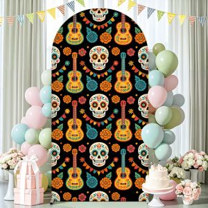 Mexican Day of The Dead Arch Backdrop Cover Sugar Skull Guitar Flower Pattern Halloween Fiesta Arched Fabric Cover Party Decor