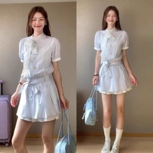 BeautyMark | Korean College Style Striped Shirt Dress Women Summer 2025 New Unique Beautiful Short Skirt Sweet High Waist A-Line Dress