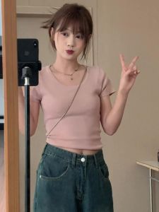 Slim Fit Ice Silk Knitted Short Sleeve T-Shirt Womens Summer New Style Square Collar Hollow out Waist Baring Top