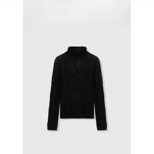 H.GENTEEL Autumn New Womens High-End Basic All-Match Dark Pattern Hollow Knitted Black Sweater Long Sleeve High Collar Regular Length