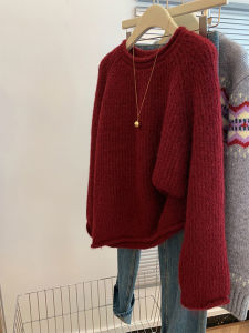 Red Christmas Vintage round Neck Loose Overhead Sweater Womens Winter Lazy Style High-End Feeling Thickened Wearable Outerwear