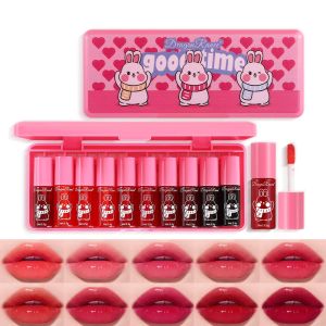 Lip Glaze Ten-Piece Set Mirror-Like Watery Plump Whitening Complexion-Enhancing Lipstick Moisturizing Non-Stick Cup Long-Lasting Lip Glaze