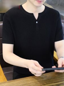 HENGYUANXIANG | Hengyuanxiang Mens Short Sleeve T-Shirt Pure Color V-neck Knitted Ice Silk Casual Versatile Summer Breathable Thin Fashion Urban Style