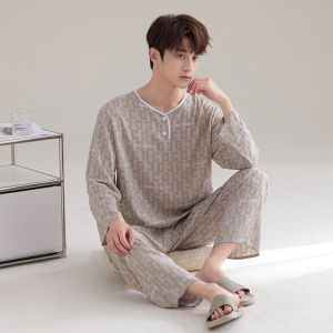 Summer Teenagers Poppin Pajamas Suit Cotton Silk Air Conditioning Room Homewear Thin Youth Middle School Students Long Sleeve Pants Men
