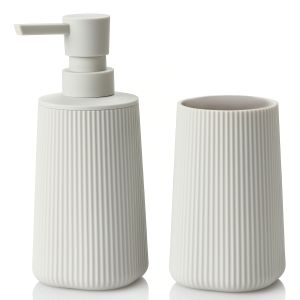 Matte black striped bathroom accessory set of two pieces including a soap dispenser and a toothbrush holder suitable for bathr