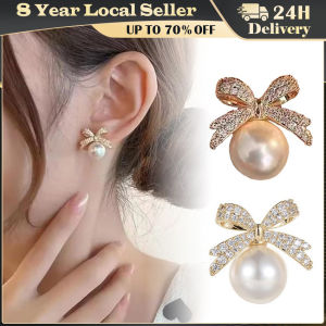 Summer Autumn Cute Vintage Personality Pave Zircon Pearl Bow Flower Stud Earrings for Women Girls Fashion Charm Jewelry