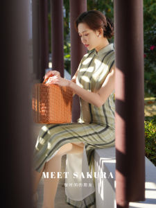 Young Girls New Chinese Style Cheongsam Green Striped High End Daily Wear Summer Long Dress Breathable Ultra Thin Nylon Fiber