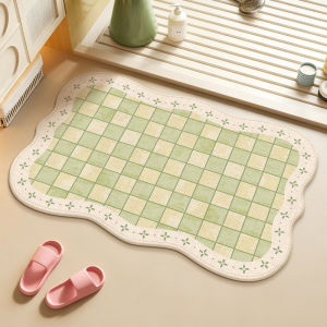 VIKAMA Cute Wavy Bath Mat Pastel Grid Floral Lace Border Non‑Slip Absorbent Rug for Bathroom Shower Home Decor