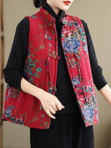 Chinese Style Womens Cotton Vest Jacket Winter Outerwear Fashionable Floral Print Mid-aged Mom Northeast Big Flower Cotton Coat