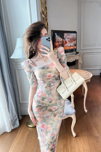 ZY·HT 2024 Summer New Dress Womens Retro Print Square Collar Slim Midi Casual Floral Vintage Dinner Dress 10134 eravogue