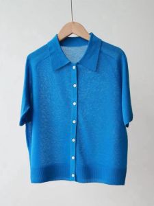 Klein Blue Collared Short Sleeve Linen Ice Silk Knitted Open Cardigan Womens Summer New High-End Soft Short Top