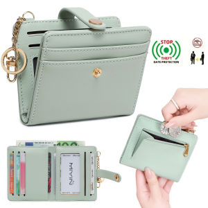 Ultra-Thin RFID Blocking Double Fold Credit Card Wallet for Women with Multiple Card Slots & Keychain Functional Coin Purse