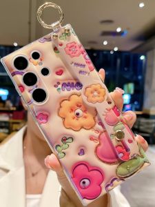 Blue Light 3D Tulip Flower Phone Case Womens Style Soft Silicone Wristband Protective Cover for Samsung S24 Ultra S23 Ultra S25 plus Note20 Ultra S22 S21 plus