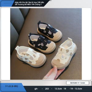 Giày Vải Cho Bé Tập Đi Họa Tiết Gấu Dễ Thương Đế Mềm TPR Chống Trượt Dán Velcro Tiện Lợi