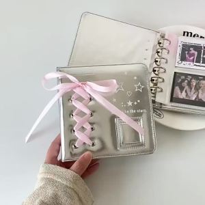 Thời Trang Y2K Ruy Băng Nơ Bạc Album Thẻ Rời A5/A7 Hình Ảnh Thần Tượng Cô Gái Dễ Thương Lưu Trữ Trưng Bày 4 Lưới Bên Trong Trang