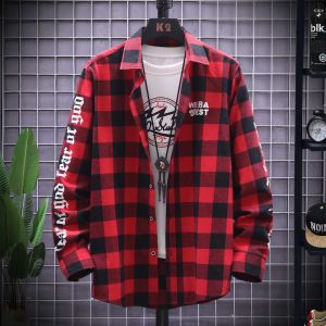 Loose Long Sleeve Plaid Shirt for Teens Spring Autumn Casual Versatile Stylish Outerwear Breathable Cotton Polyester Blend