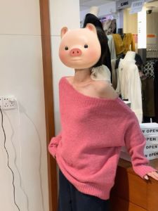 Pink Asymmetrical Shoulder Thickened Sweater Womens Autumn Winter Lazy Style Shoulder Exposure Knitted Top Deep Autumn Initial Winter Match