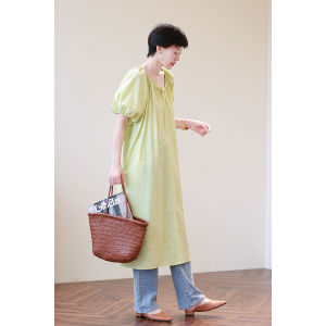 French Lazy Style Thin Loose Slim V-Neck Belted Black Bubble Sleeve Dress Summer New Large Swing Long Skirt Cotton Modal Fabric