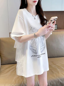Pure Cotton Midi Short Sleeve T-Shirt Womens Butt Covering Summer Loose Fashion Butterfly Knot Design Unique Top Trendy