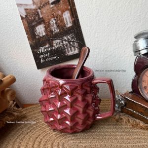 Vintage Red Faceted Coffee Mug with Spoon