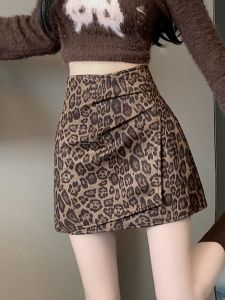 High Waist Asymmetrical American Hot Girl Leopard Print Wrap around Mini Skirt Womens Autumn Cross A-Line Short Skirts