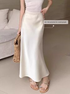 French White Acetate Satin Skirt Womens Summer Small High Waist Drooping A- line Sheath Fishtail Skirt