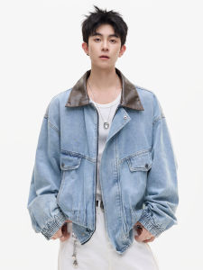 แจ็คเก็ตยีนส์ทรงหลวมสไตล์อเมริกันสำหรับผู้ชาย ฤดูใบไม้ร่วง/ฤดูหนาว แจ็คเก็ตทรงเข้ารูปสีน้ำเงิน เอฟเฟกต์ซักได้ แจ็คเก็ตแบบสวมหัว