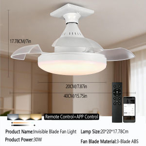 Modern LED Hidden Fan Light Invisible Blades E27 Socket Dimmable 3 Speed Settings for Small Spaces Bedroom Dining Room