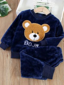 Childrens Flannel Pajamas Set Home Clothes Towel Bear Design Girls Autumn Winter Thermal Wear Comfortable Soft Polyester Fiber