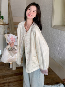 New Chinese Style Thin Embroidered Jacket Womens Spring Autumn Loose Button up Top High Sensation Color Collision Outerwear