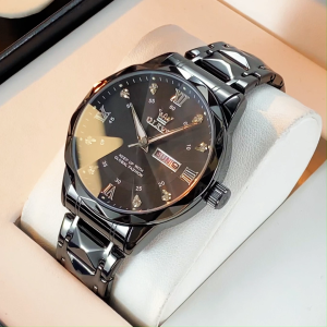 OLEVS jam tangan pria dewasa 2024 otomatis anti air elegan mewah bercahaya kalender berlian dial tali jam baja tahan karat kado untuk pacar cowok