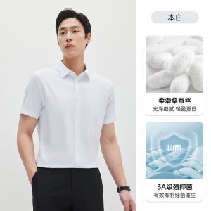 Mens Standard Fit Short Sleeve Shirt Modal Silk Antibacterial Ice Sensation Business Interview Shirt Fashionable Urban Style