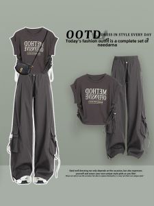 Cool Trendy Womens Workwear Pants Set Summer Fashion Outfit Two-Piece Salt System Street Style Long Pants Short Sleeve Top