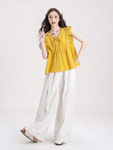 SHANGWEILUO | Yellow Wood Ear Lace Flutter Sleeve Slim Fit Petite Summer Vest